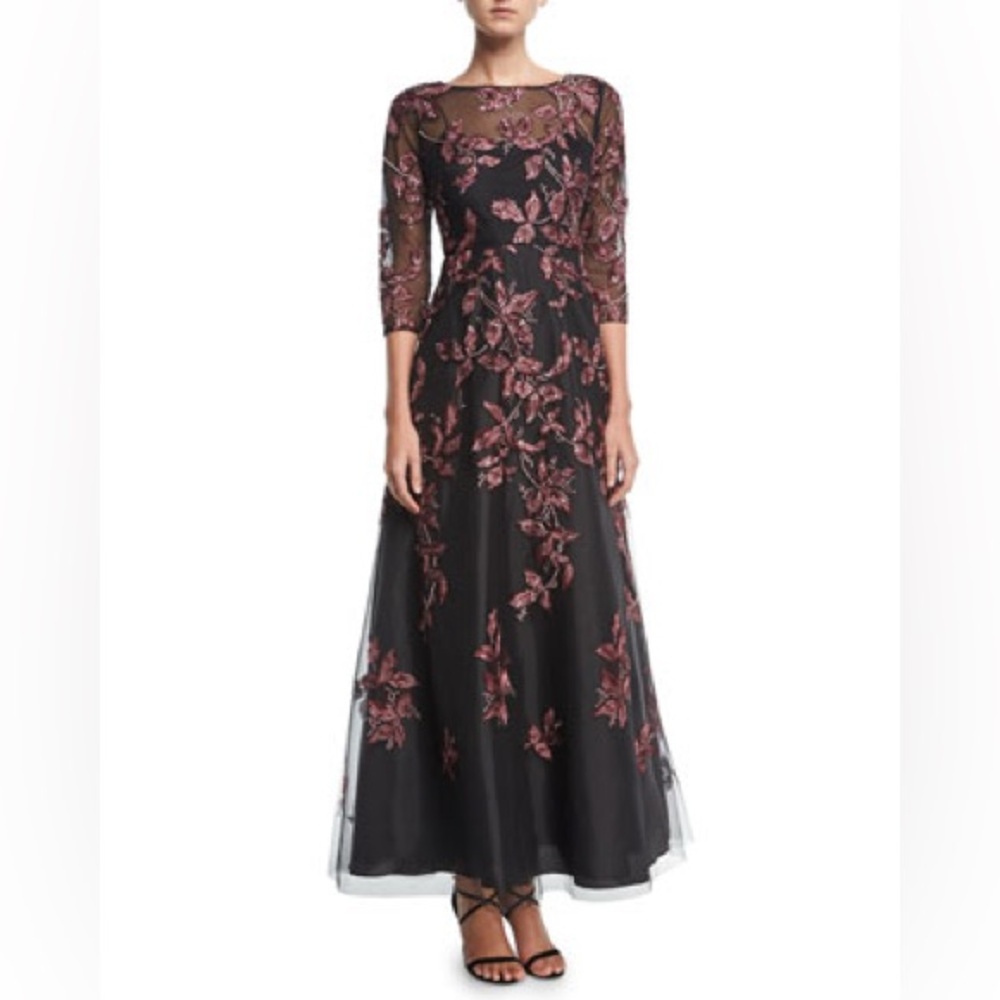 Long sleeve embroidered beaded evening gown